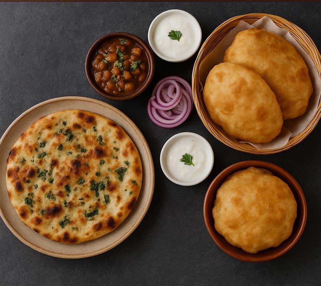  Amritsari Kulcha with chhole, onions, yoghurt, and fluffy bhature, classic North Indian street food.